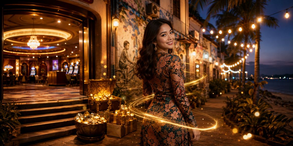 Suasana hiburan kasino di Penang dengan pakaian batik, menggambarkan permainan kasino yang santai dan bertanggungjawab